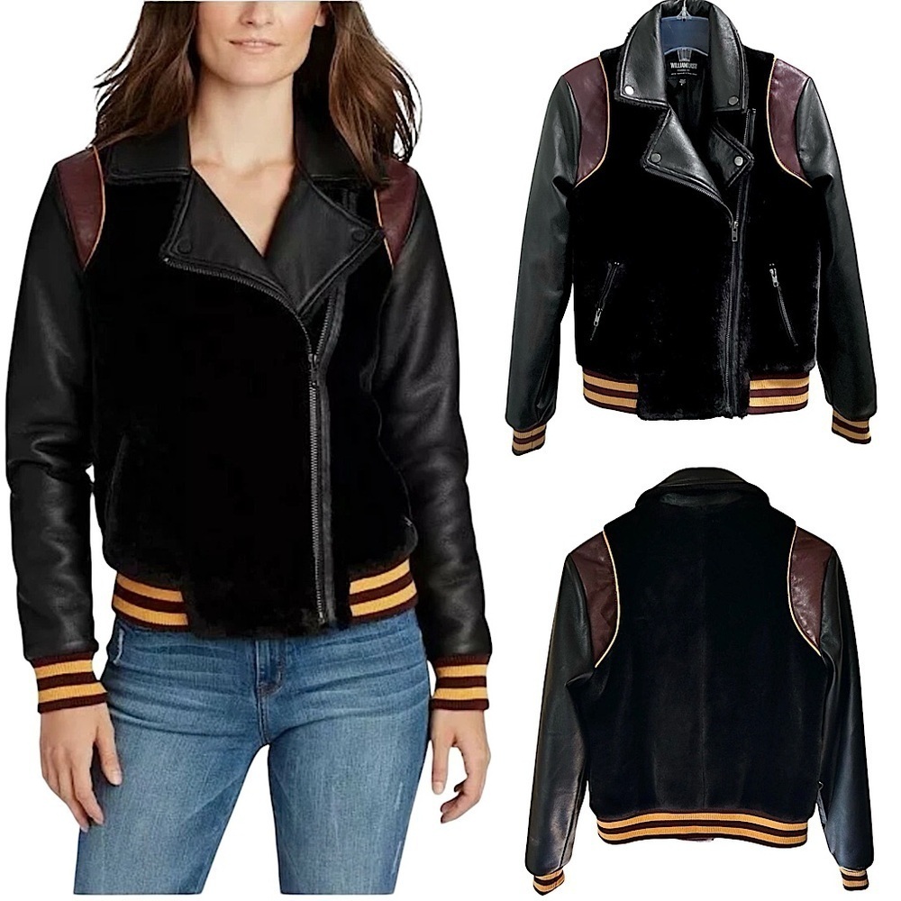 William Rast Noelie Varsity Moto Jacket Black Faux Fur & Leather Oversized Small - Picture 4 of 16